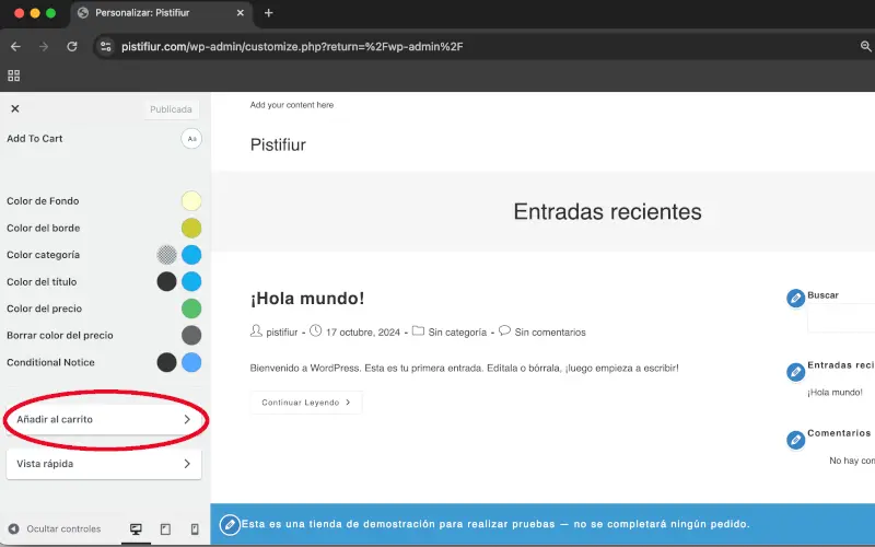 Añadir a carrito en Estilo de producto, Tipografía y Colores en Archivos en Personalizar en WooCommerce
