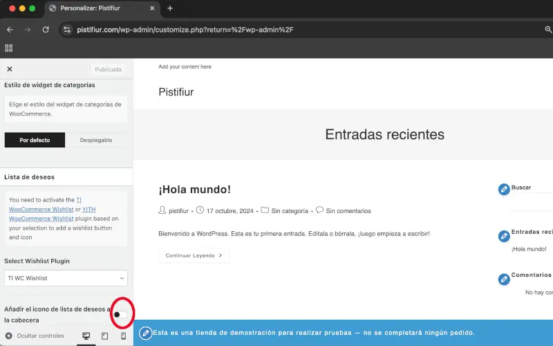 Añadir el ícono de lista de deseos en General en Personalizar en WooCommerce