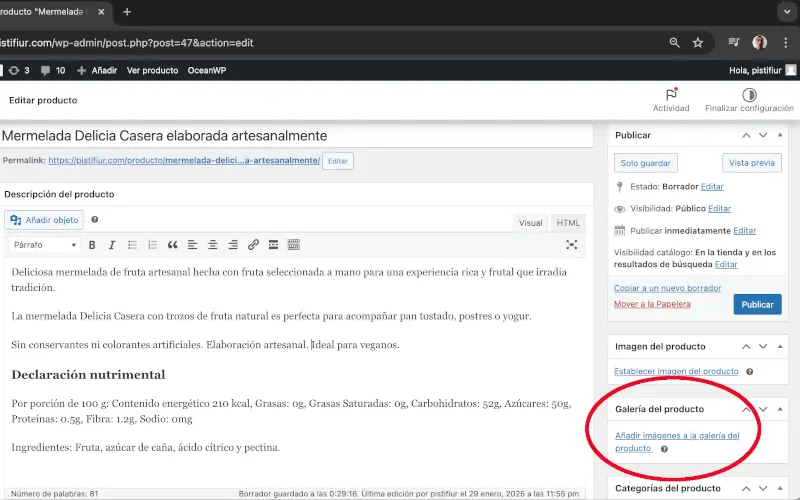 Añadir imágenes a la galería del producto en Añadir nuevo producto en Productos en WooCommerce