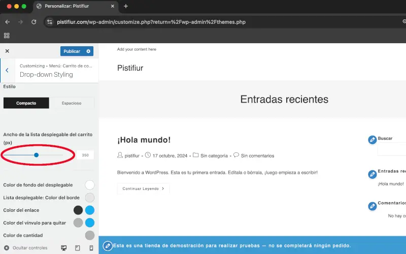 Ancho de la lista desplegable en Estilo de la lista desplegable en Comportamiento del ícono del menú en Menú: carrito de compra en Personalizar en WooCommerce