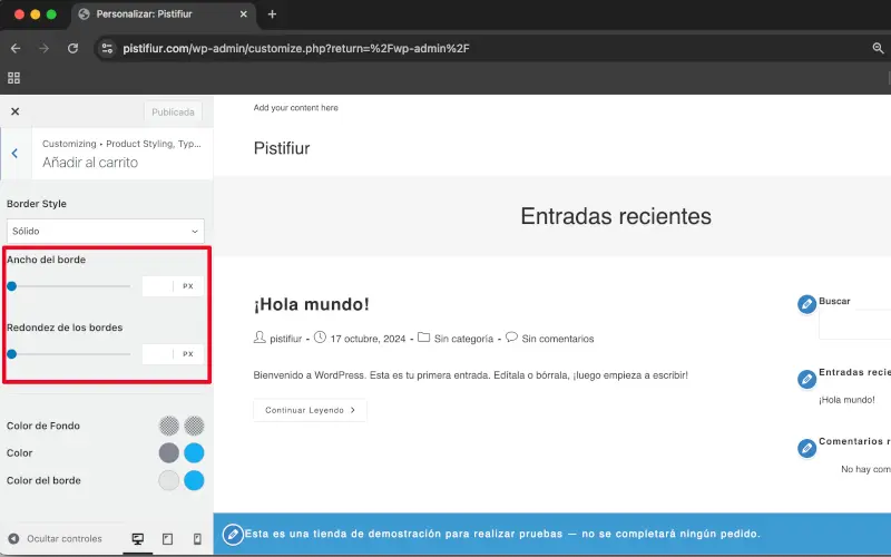Ancho del borde y Redondez del los bordes del botón de añadir al carrito en Estilo de producto, Tipografía y Colores en Archivos en Personalizar en WooCommerce