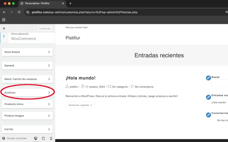 Archivos en Personalizar en WooCommerce