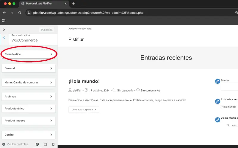 Aviso de tienda en Personalizar en WooCommerce