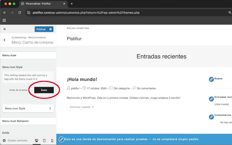 Bolsa o ícono en Estilo del ícono del menú en Menú: Carrito de compra en Personalizar en WooCommerce