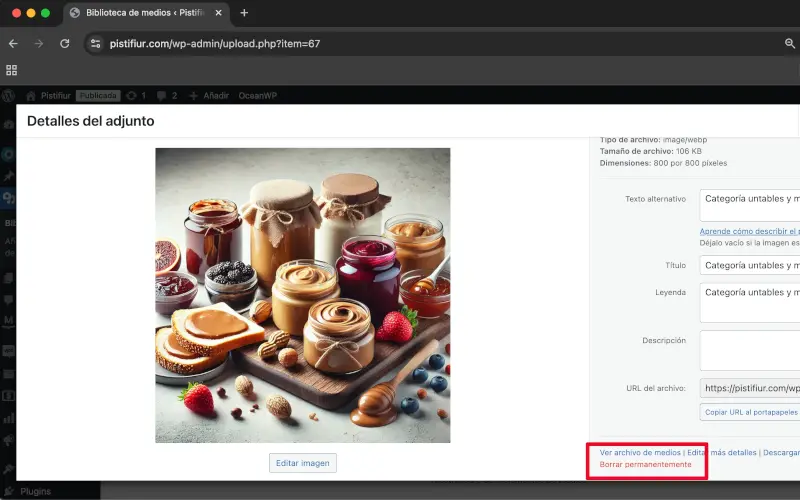 Borrar permanentemente en Medios en Panel de administración de WordPress