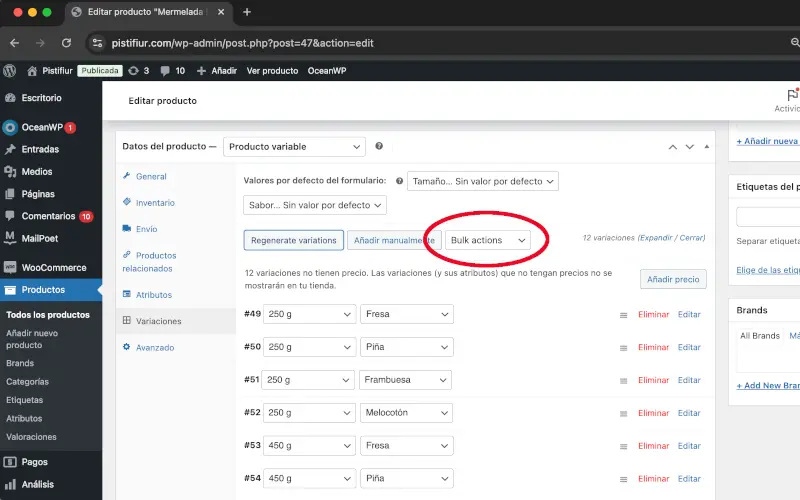 Bulk actions en Variaciones en Datos del producto en Productos en WooCommerce