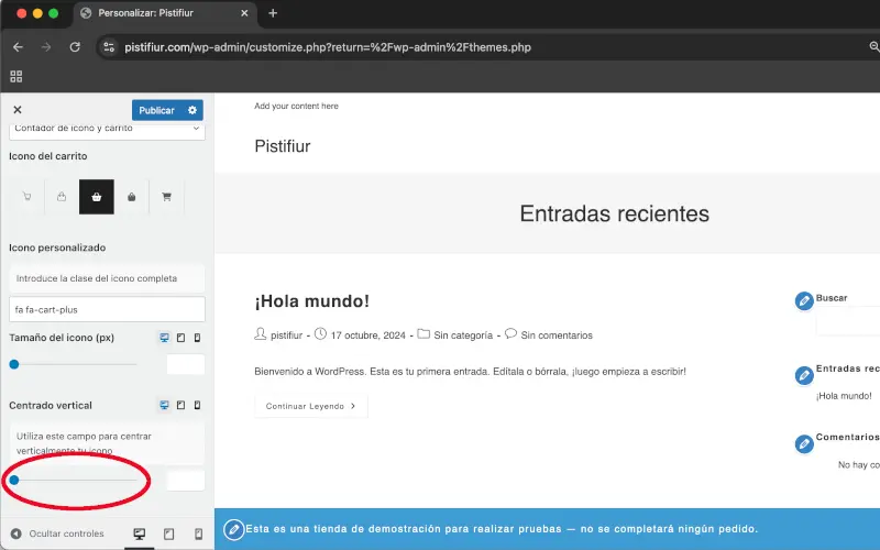Centrado vertical en Estilo del ícono del menú en Menú: Carrito de compra en Personalizar en WooCommerce