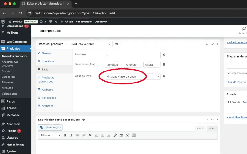 Clase de envío en Envío en Datos del producto en Productos en WooCommerce