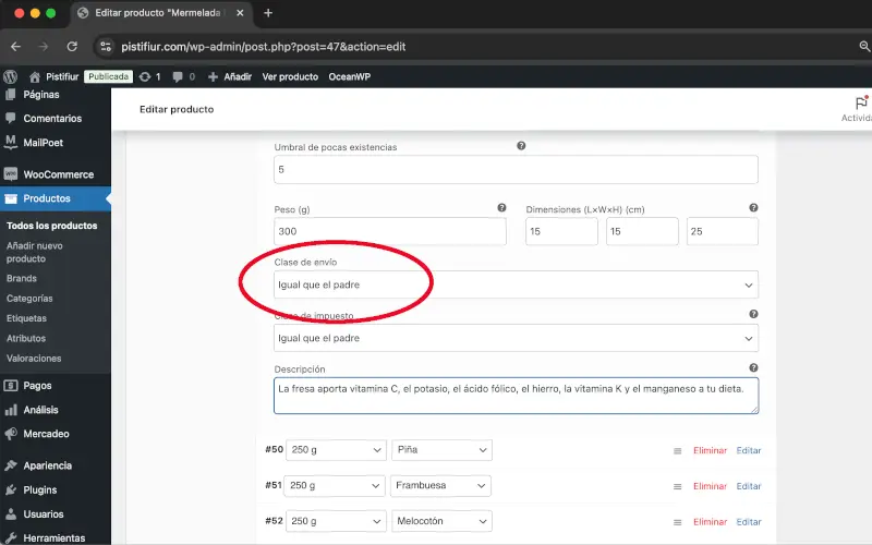 Clase de envío en Variaciones en Datos del producto en Productos en WooCommerce
