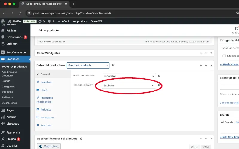 Clase del impuesto en General en Datos del producto en Productos en WooCommerce