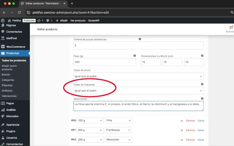 Clase de impuesto en Variaciones en Datos del producto en Productos en WooCommerce