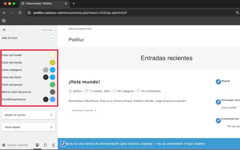 Color de fondo, borde, categoría, título, precio y mensaje condicional en Estilo de producto, Tipografía y Colores en Archivos en Personalizar en WooCommerce
