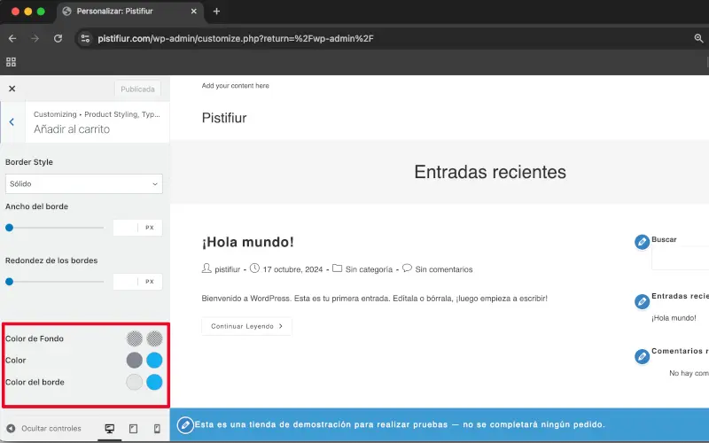 Color de fondo, texto, borde, botón de añadir al carrito en Estilo de producto, Tipografía y Colores en Archivos en Personalizar en WooCommerce