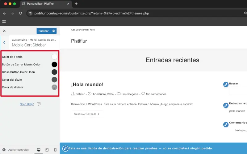 Colores de la Columna lateral del carrito en Ajustes adaptables en Menú: carrito de compra en Personalizar en WooCommerce