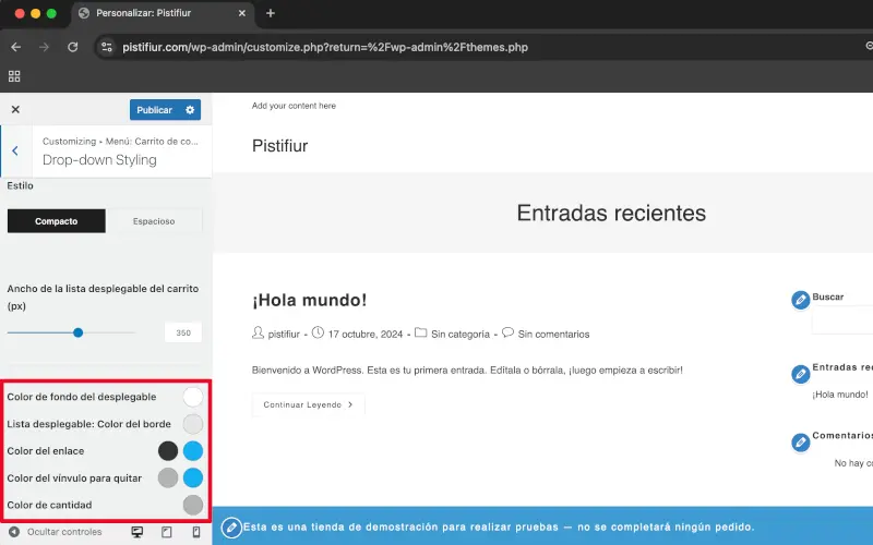 Colores de la lista desplegable en Estilo de la lista desplegable en Comportamiento del ícono del menú en Menú: carrito de compra en Personalizar en WooCommerce