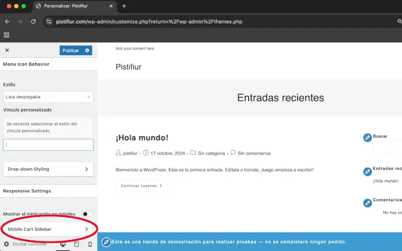 Columna lateral del carrito en Ajustes adaptables en Menú: carrito de compra en Personalizar en WooCommerce
