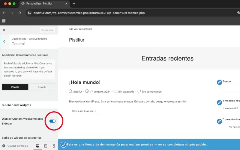 Columna lateral en General en Personalizar en WooCommerce