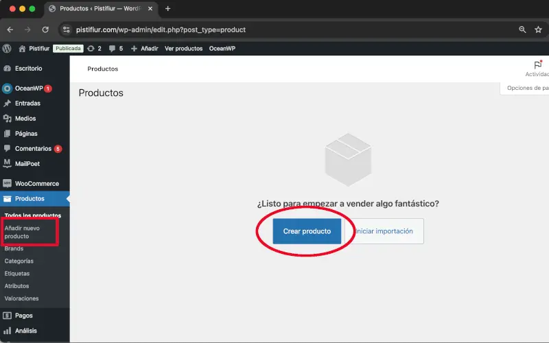 Crear producto en Añadir nuevo producto en Productos en WooCommerce