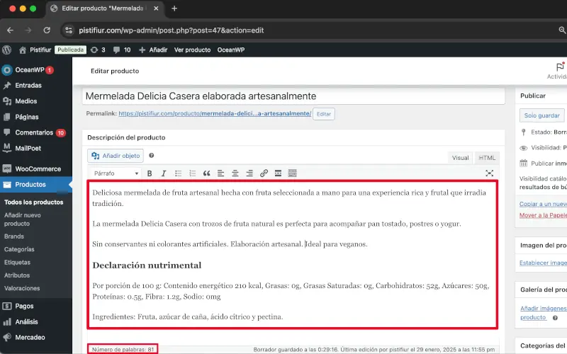 Descripción del producto en Añadir nuevo producto en Productos en WooCommerce