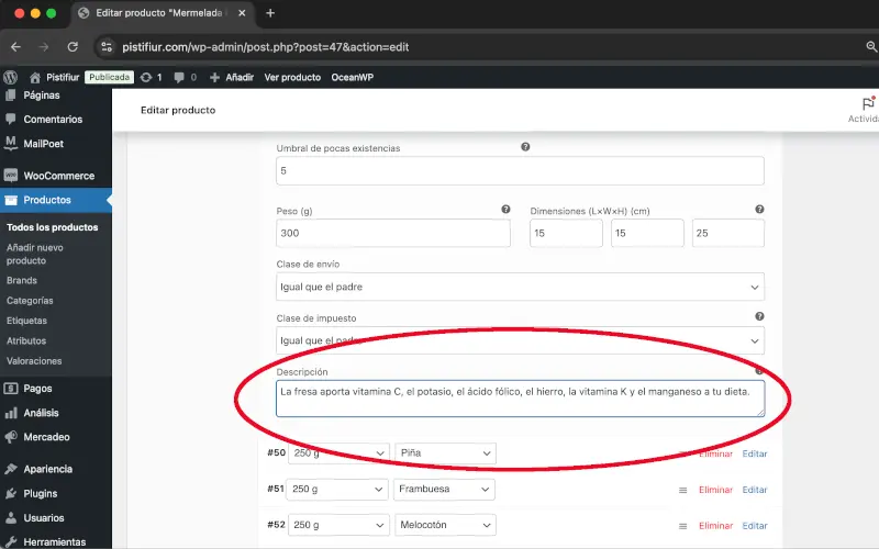 Descripción en Variaciones en Datos del producto en Productos en WooCommerce