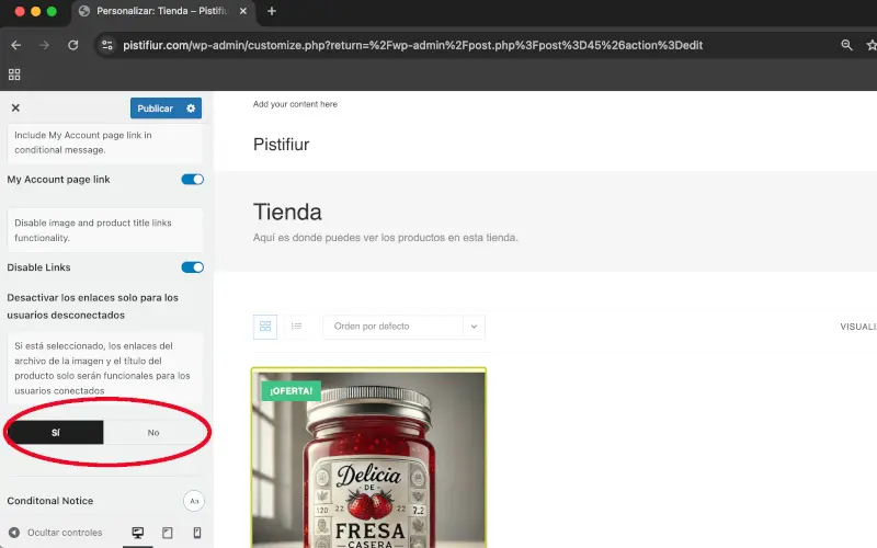 Deshabilitar enlaces de imagen y título de producto a usuarios desconectados en Tienda condicional en Archivos en Personalizar WooCommerce