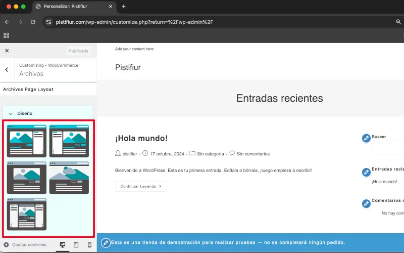Diseño en Disposición de la página de archivos en Archivos en Personalizar en WooCommerce