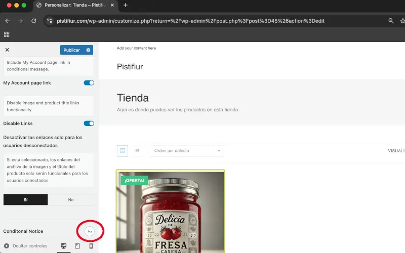 Diseño de Mensaje condicional en Tienda condicional en Archivos en Personalizar WooCommerce