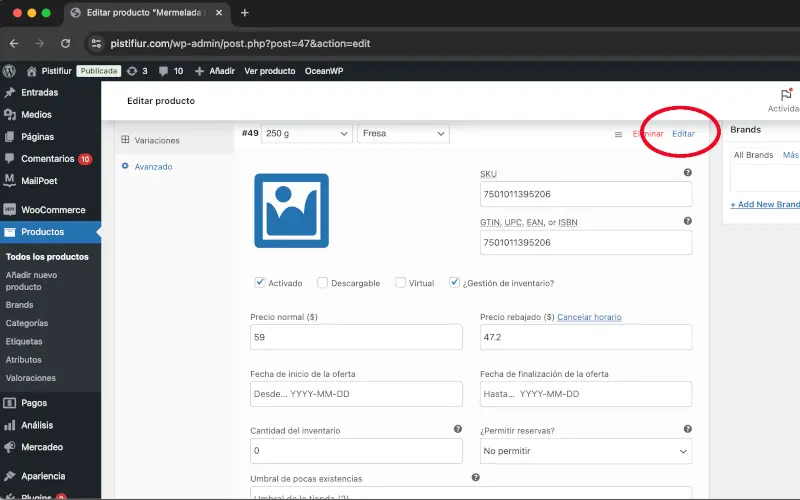 Editar en Variaciones en Datos del producto en Productos en WooCommerce