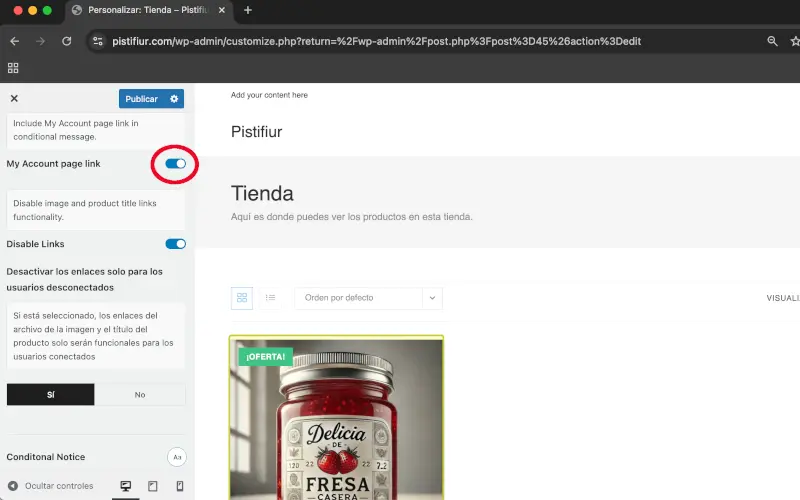 Enlace a página de mi cuenta en Tienda condicional en Archivos en Personalizar WooCommerce