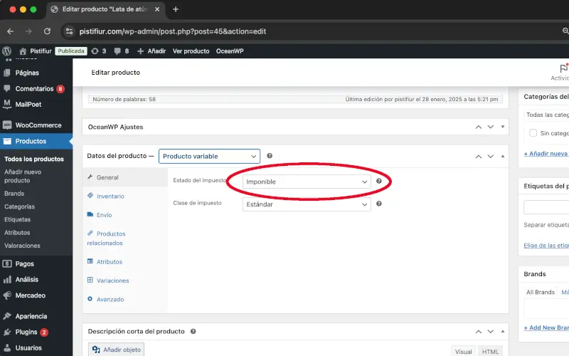 Estado del impuesto en General en Datos del producto en Productos en WooCommerce