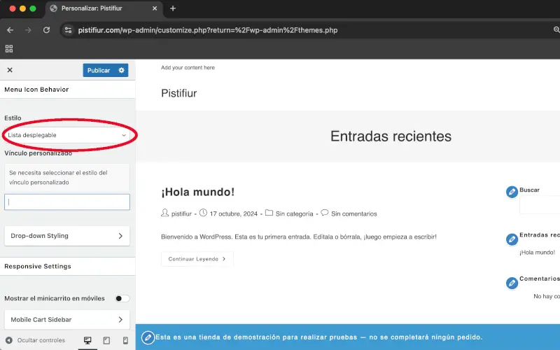 Estilo en Comportamiento del ícono del menú en Menú: carrito de compra en Personalizar en WooCommerce