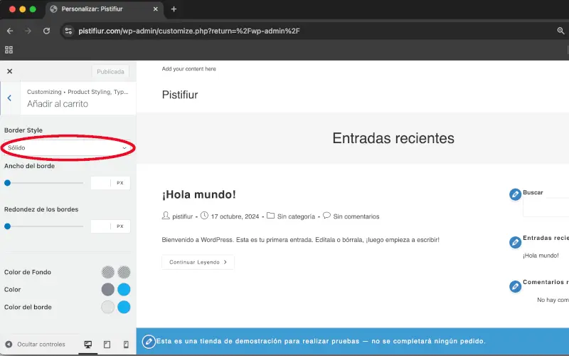 Estilo del borde del botón de añadir al carrito en Estilo de producto, Tipografía y Colores en Archivos en Personalizar en WooCommerce