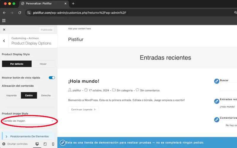Estilo de imagen de producto en Opciones de visualización en Archivos en Personalizar en WooCommerce