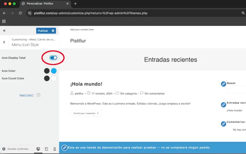Estilo de la bolsa en Estilo del ícono en Menú: Carrito de compra en Personalizar en WooCommerce