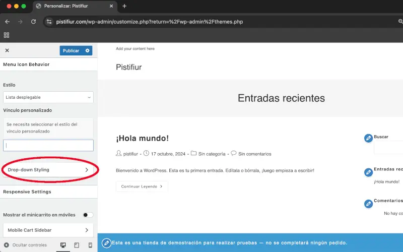 Estilo de la lista desplegable en Comportamiento del ícono del menú en Menú: carrito de compra en Personalizar en WooCommerce