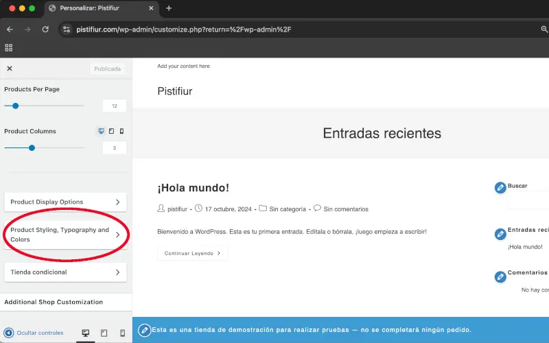 Estilo de producto, Tipografía y Colores en Archivos en Personalizar en WooCommerce