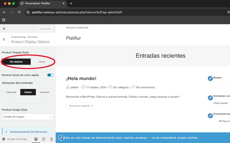 Estilo de visualización de productos en Opciones de visualización en Archivos en Personalizar en WooCommerce