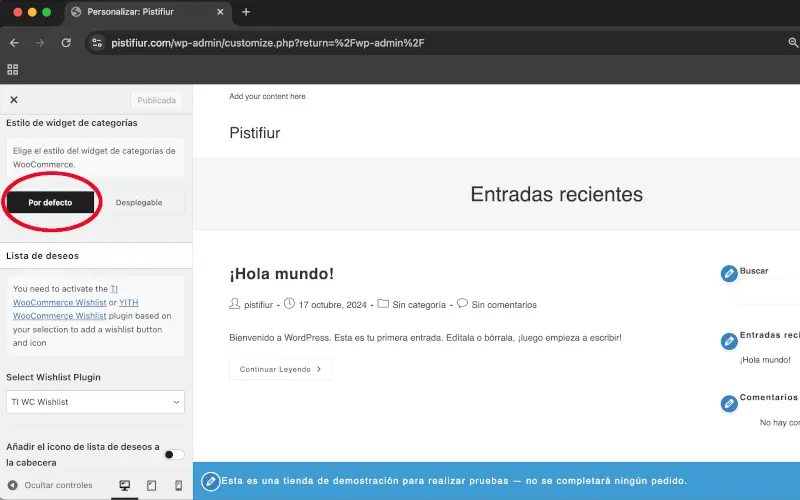 Estilo de Widget en General en Personalizar en WooCommerce