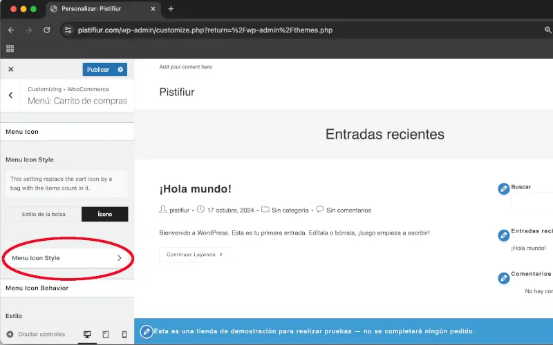 Estilo del ícono del menú en Menú: Carrito de compra en Personalizar en WooCommerce