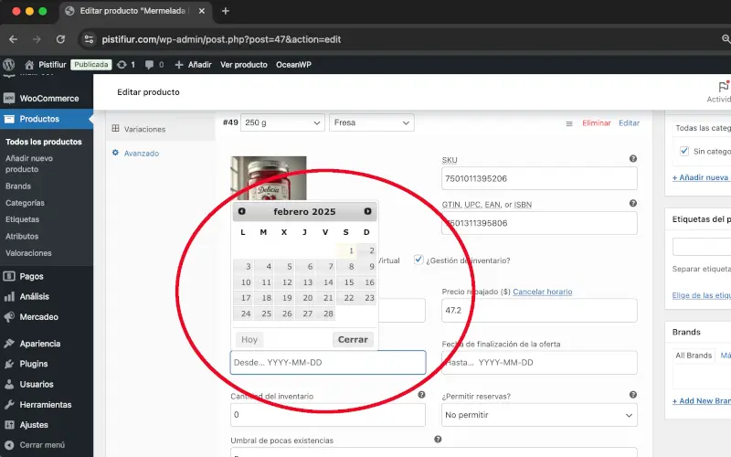 Fecha de inicio en Precio rebajado en Variaciones en Datos del producto en Productos en WooCommerce