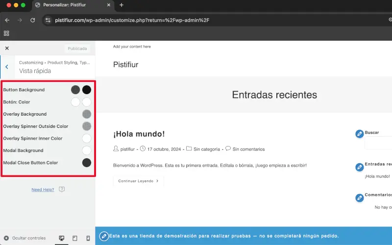 Color de fondo y de botón, Superposición (overlay), Color exterior e interior del indicador de carga, Modal en Estilo de producto, Tipografía y Colores en Archivos en Personalizar en WooCommerce