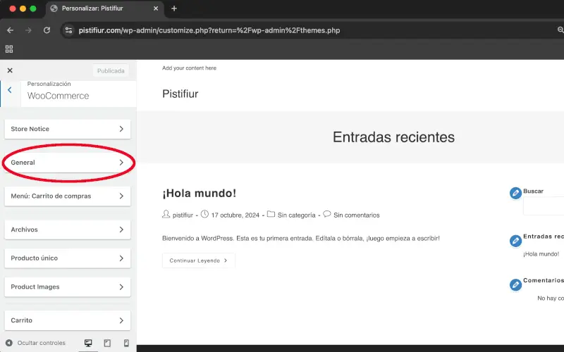 General en Personalizar en WooCommerce