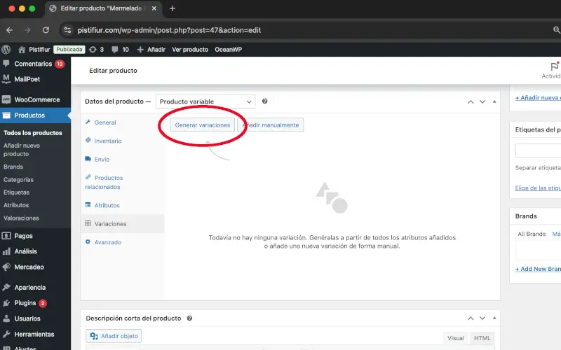Generar variaciones en Variaciones en Datos del producto en Productos en WooCommerce