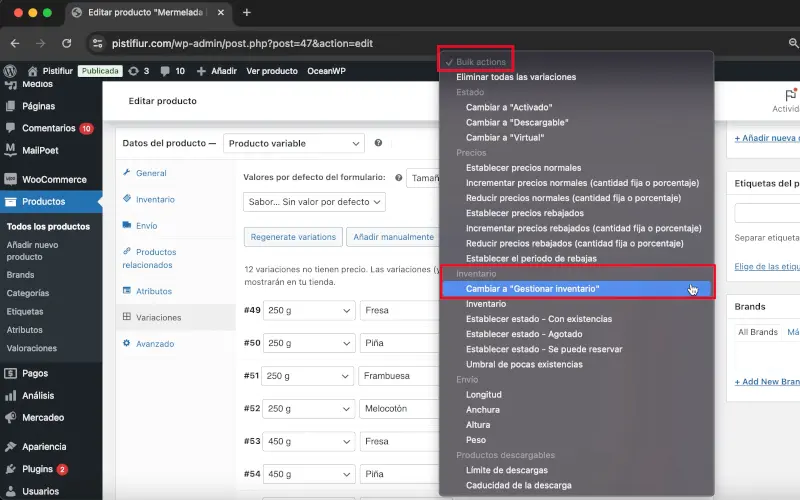 Gestión de inventario en Bulk actions en Variaciones en Datos del producto en Productos en WooCommerce