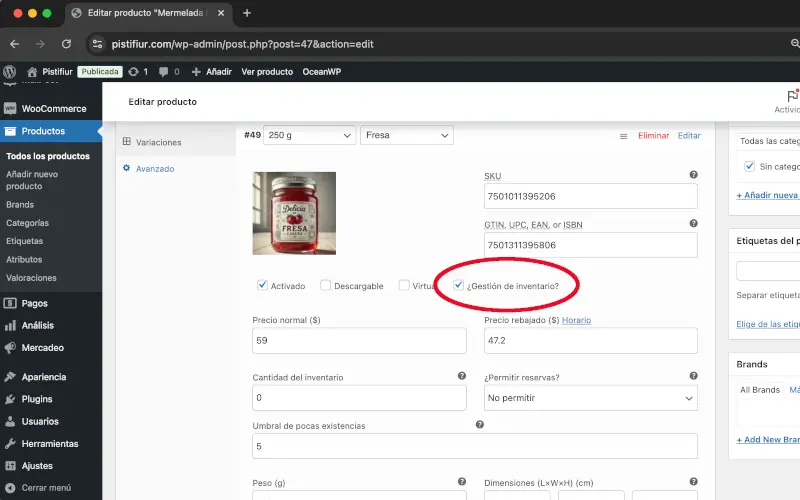Gestión de inventario en Variaciones en Datos del producto en Productos en WooCommerce