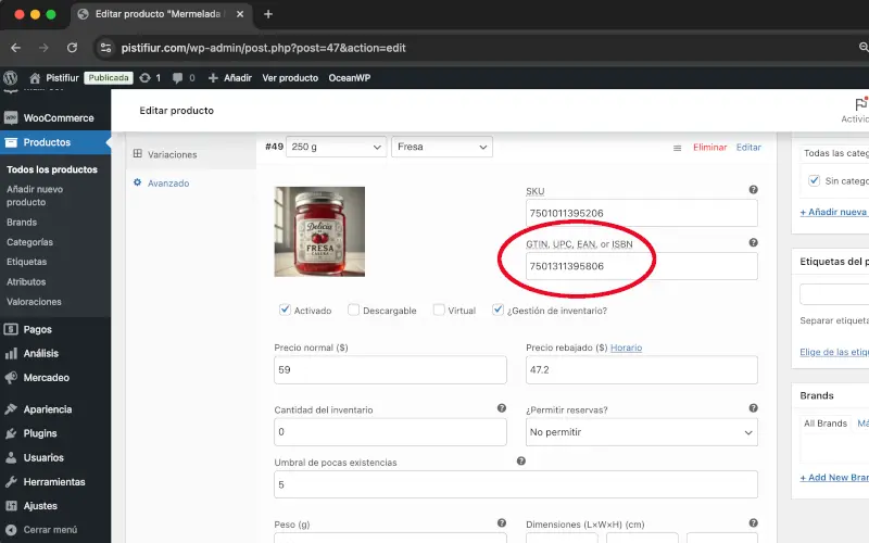 GTIN, UPC, EAN e ISBN de variación en Variaciones en Datos del producto en Productos en WooCommerce