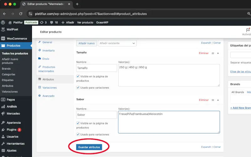 Guardar atributos en Atributos en Datos del producto en Productos en WooCommerce