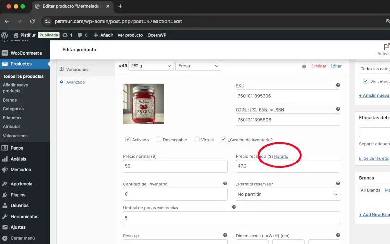 Horario de Precio rebajado en Variaciones en Datos del producto en Productos en WooCommerce