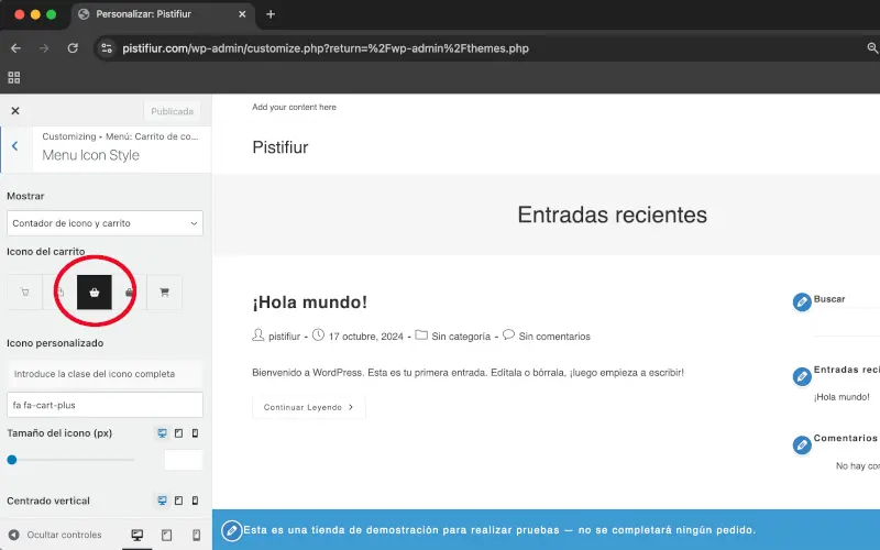 Ícono del carrito en Estilo del ícono en Menú: Carrito de compra en Personalizar en WooCommerce