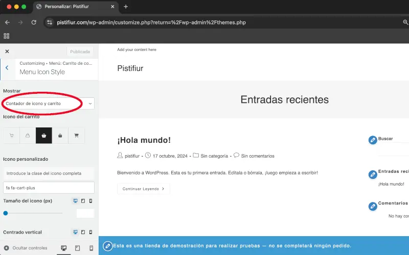 Ícono en Estilo del ícono en Menú: Carrito de compra en Personalizar en WooCommerce